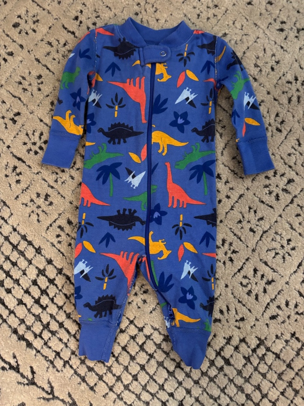 Hanna Andersson Blue Dino-Print Zip Front Footed One-Piece Sz 3-6 mo